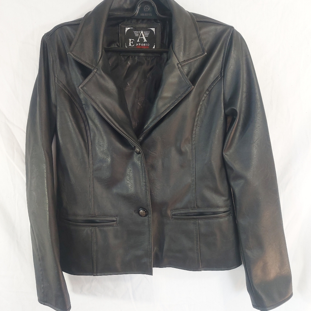 Emporio Armani Collezione Black Faux Leather Button Up Jacket Large